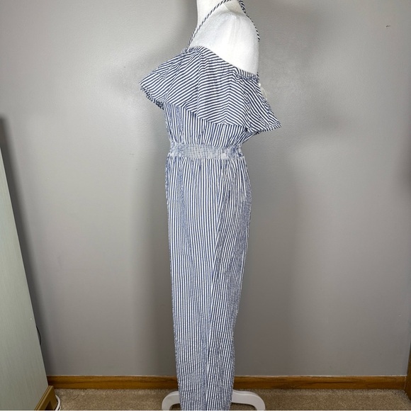 J.Crew Blue and White Striped Cotton Seersucker Ruffle Jumpsuit Size XXS - Picture 4 of 12